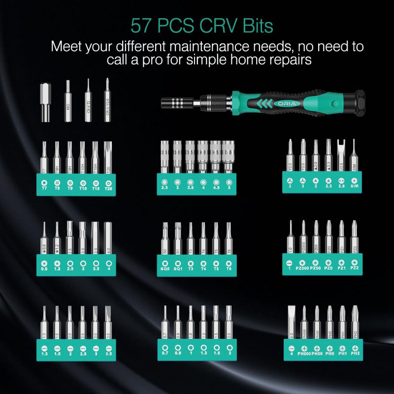 ORIA Small Screwdriver Set, 61 in 1 with 57 Bits Precision Screwdriver Set, Mini Repair Tool Kit with Extension Rod for Smartphone, Game Console, Tablet, PC, Green - Image 2